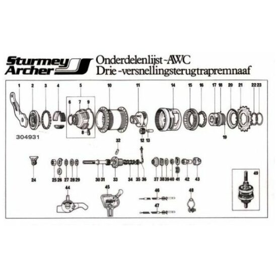 Sturmey Archer NAAF SA A AWC 3V REMNAAF 36G Z/VERST Zilver